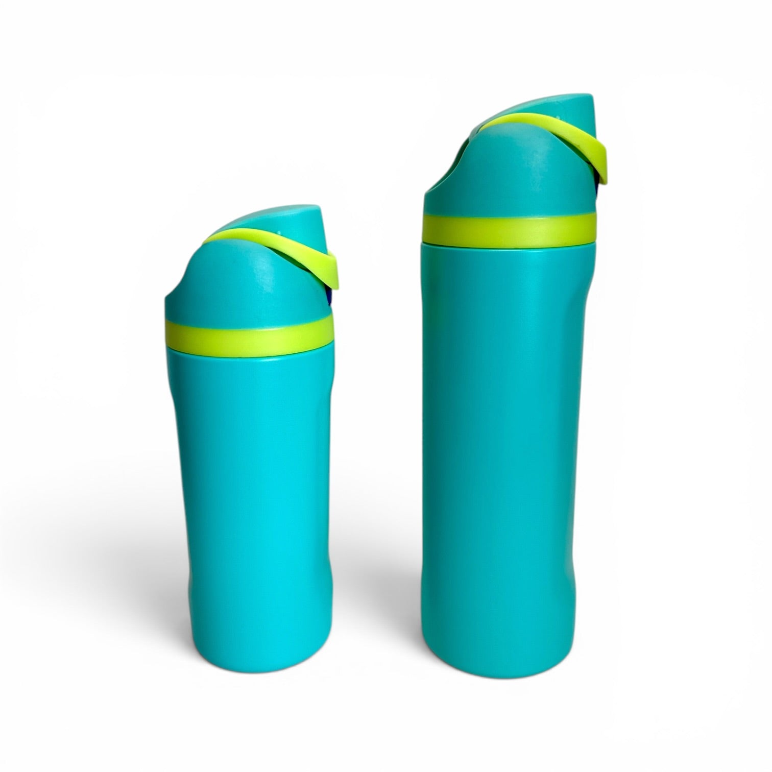 Two turquoise insulated tumblers with bright yellow-green accents on the lids, shown on a clean white background.