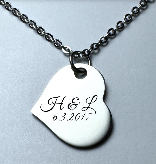 Jewelry - Sideways Heart Pendant Necklace - Engraved Initials and Anniversary