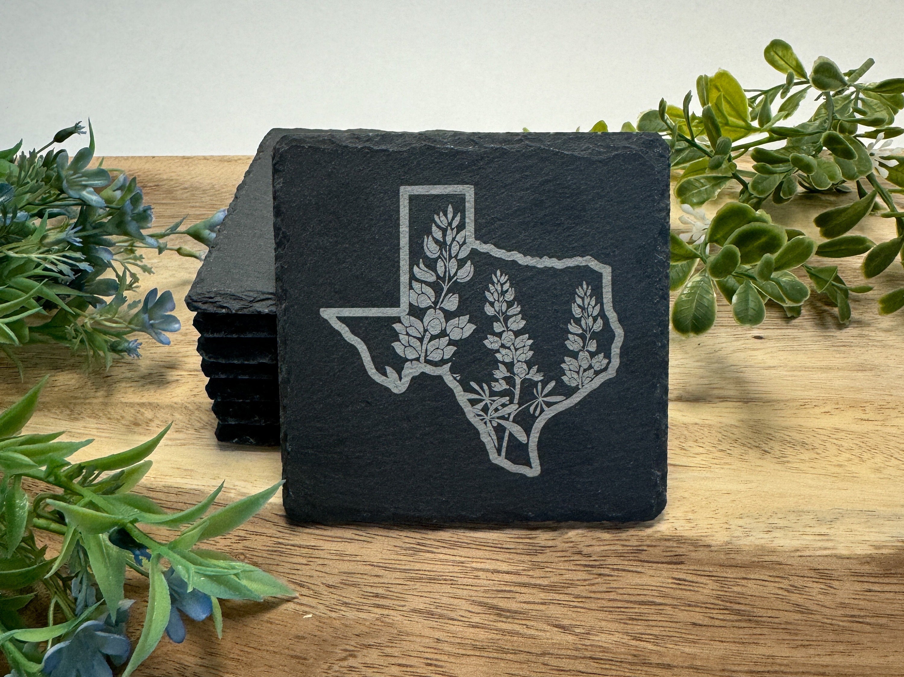 Slate Coaster, Laser Engraved, Natural Stone, Texas Designs, Patriotic, Bluebonnets, Flag, 4in Square