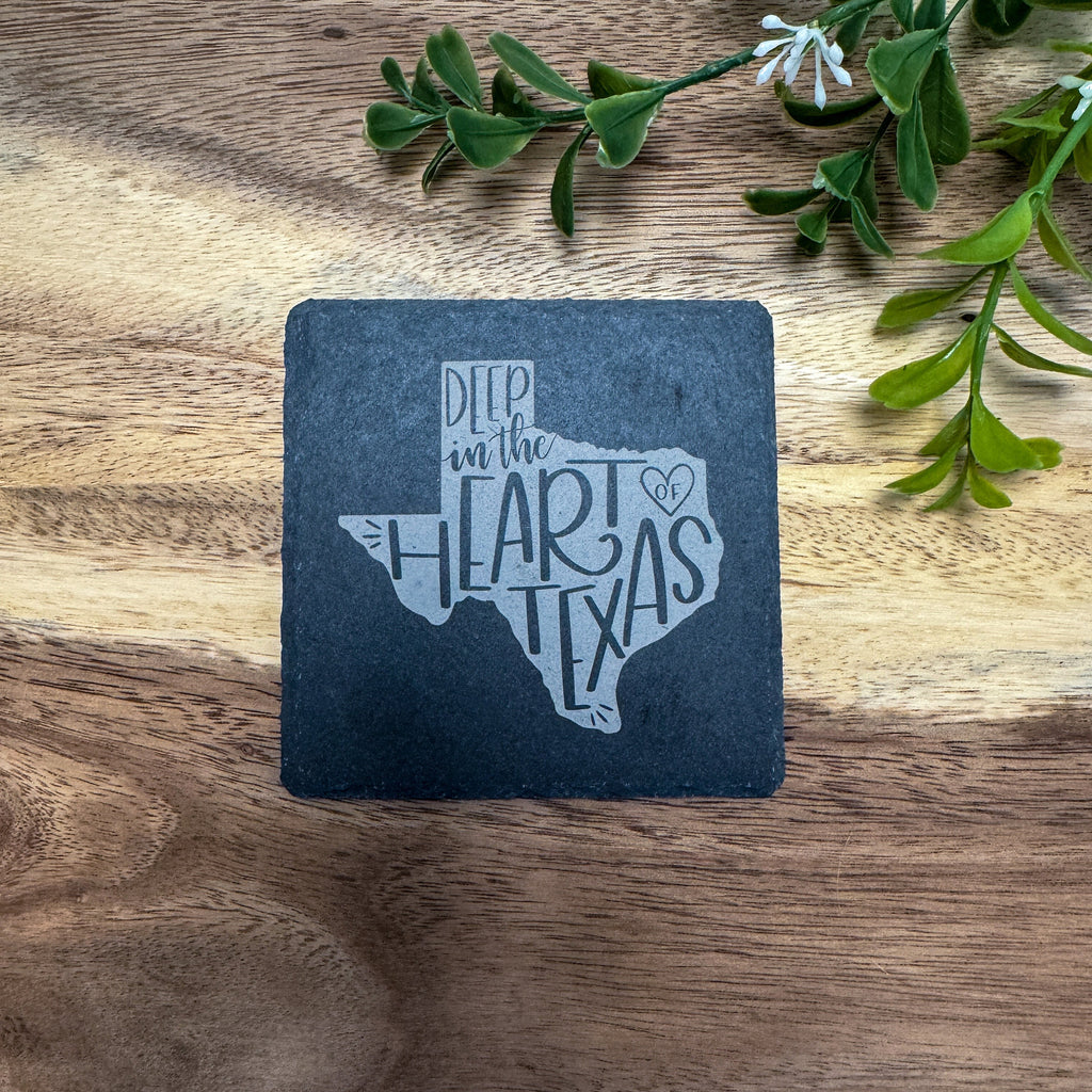 Slate Coaster, Laser Engraved, Natural Stone, Texas Designs, Patriotic, Bluebonnets, Flag, 4in Square
