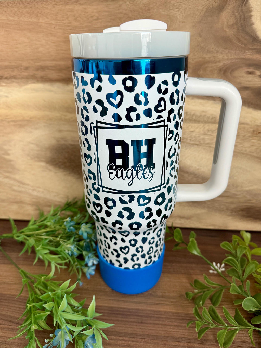 40oz Tumbler, Black and Purple School Spirit - Leopard