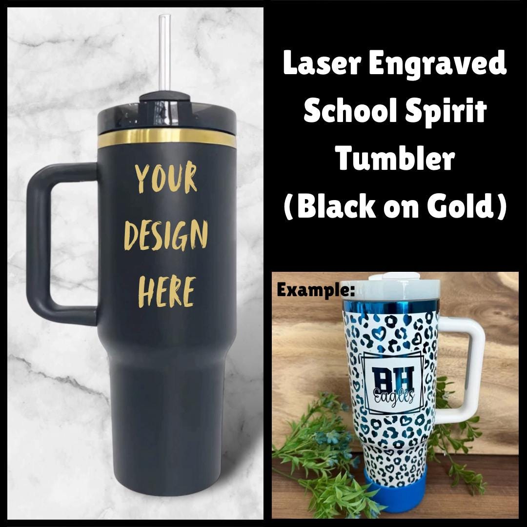 Custom School Spirit Tumbler, Black and Gold, 40oz with Handle